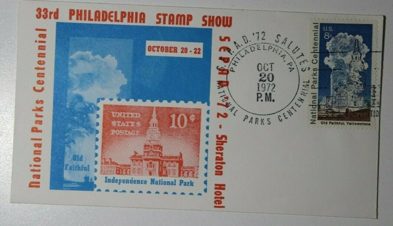 SEPAD Natl Parks Centennial Phildelphia PA 1972 Sheraton Hotel Philatelic Cover