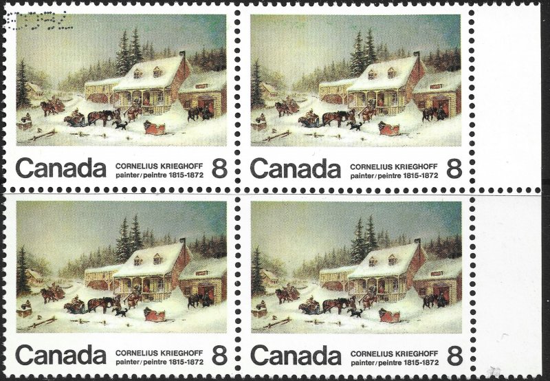 Canada #610 Block of 4 Used - Art Cornelius Krieghoff Painting (1972)