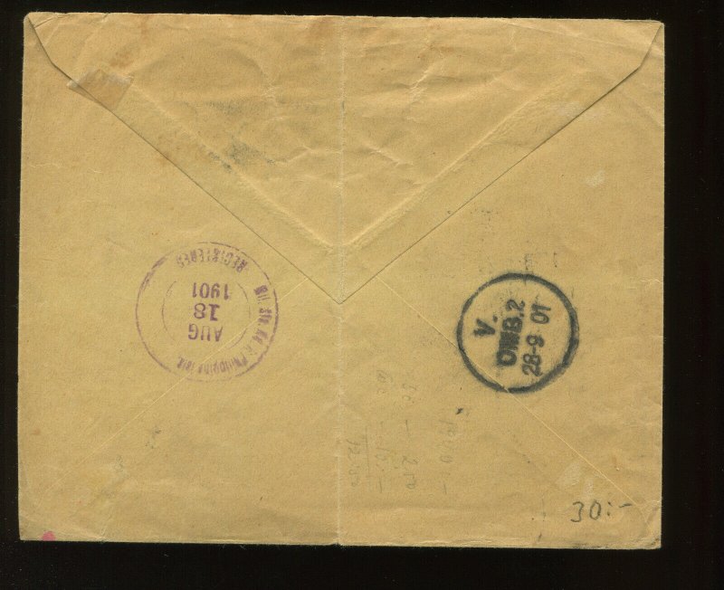 Guam Scott 5 & 8 Overprint Used Stamp on Registered 1901 Cover to Denmark