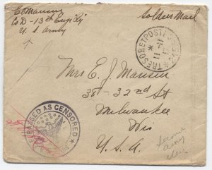 November 1917 WWI soldier cover censored to USA Tresoretpost marking [y9013]