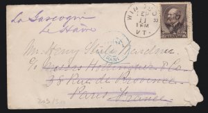 US 205 5c Garfield on Small Cover from Windsor, VT to Paris, France