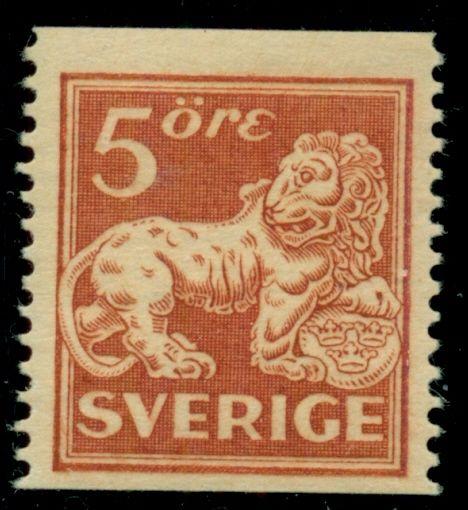 SWEDEN #133 5ore Lion yellow brown, perf. 13, LH unwatermarked Scott $325.00