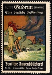 Vintage Germany Poster Stamp 10 Pfennig German Youth Library Story Gudrun Saga