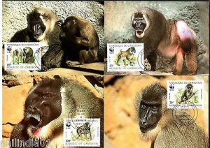 Cameroun 1988 WWF Baboon Monkey Wildlife Animals Sc 843-6 Set of 4 Max Cards