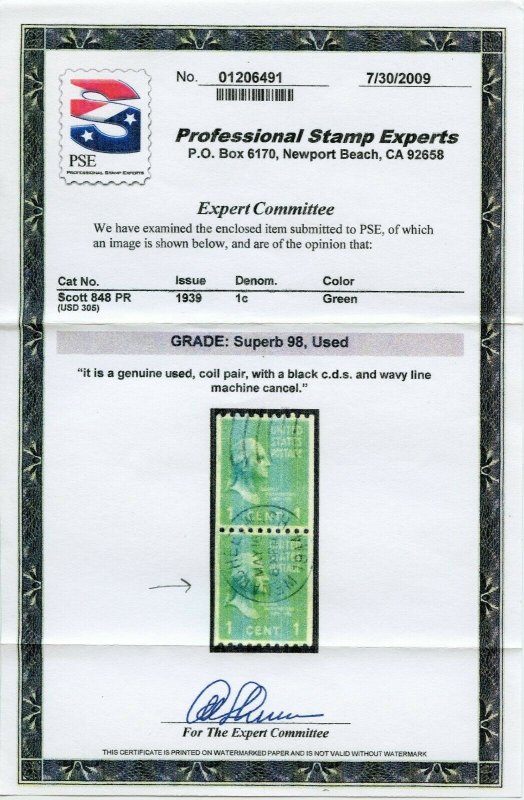 US SCOTT #848, Used-Sup Graded 98 PSE Certificate (DFP)