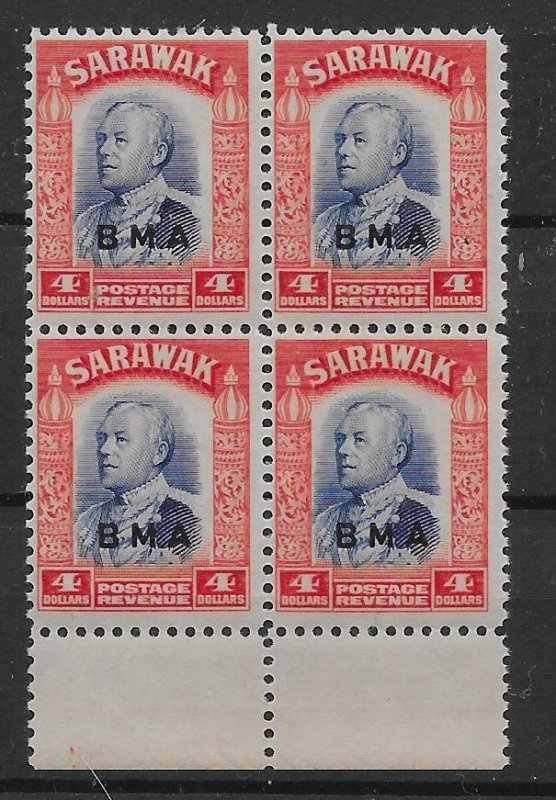 SARAWAK SG143 1945 BMA $4 BLUE & SCARLET MNH MARGINAL BLK OF 4