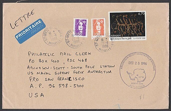 FRANCE TO SOUTH POLE STATION 1996 cover with arrival datestamp..............U474