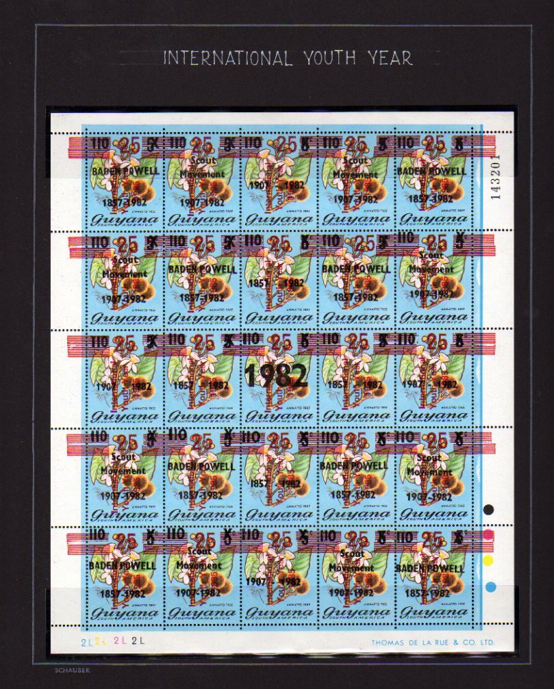 Guyana 1985 MNH SCOUTS Ovpt International Youth Year Sheet 25 Stamps ...