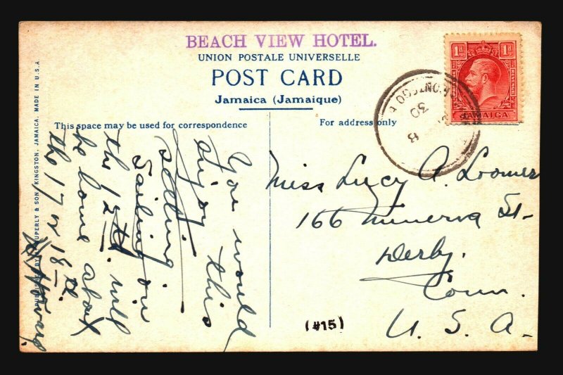 Jamaica 1930 Postcard to USA - Z17655