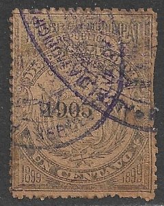 EL SALVADOR 1905 1c ARMS Municipal Revenue Ross M96 Used