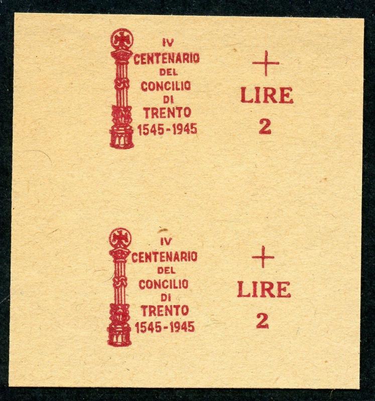 ITALY 1945 TRENT COUNCIL SURCHARGE PROOF PAIR ON YELLOW PAPER CAT 20,000 EUROS