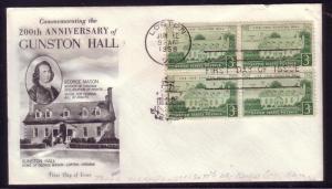 U.S. FDC Sc.# 1108 Gunston Hall Fleetwood L178 blk of 4