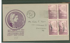 US 737 1934 3c Twentieth Anniversary of the Mother's Day Celebration (block of four) on an addressed FDC with a Schucker...
