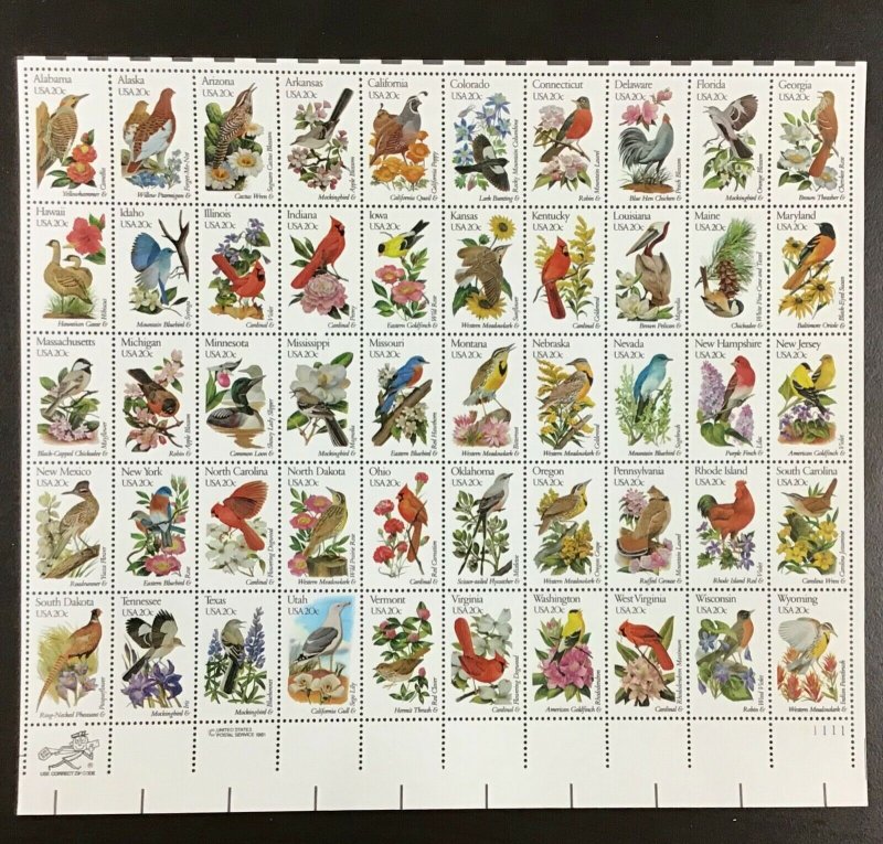 1953a-2002a State Birds & Flowers Sheet Issue 20c bullseye perfs 1982