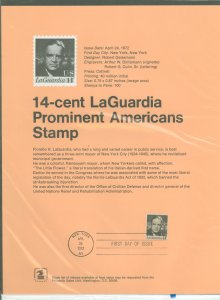 US SP300/1397 1972 14c Fiorello LaGuardia (Mayor of NYC) Prominent American Series/on official USPS souvenir page FDC, #1397 wit