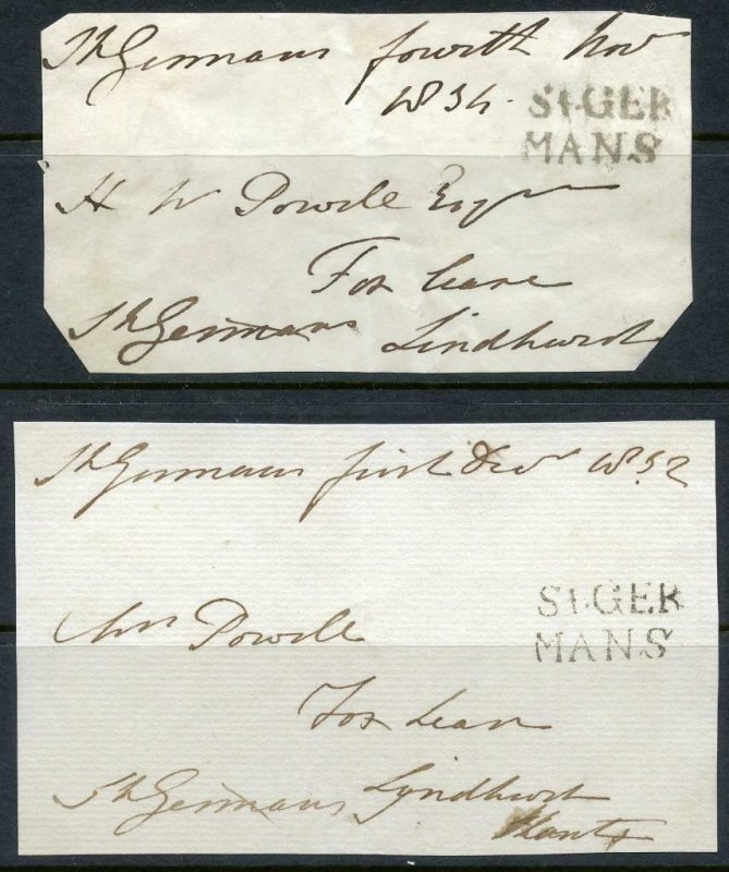 2 x Free Frank Fronts. St Germans in 2 Lines 1832, 34. (Postmaster General 1845)