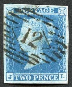 1841 2d Blue (JL) Plate 3 SUPERB Four Margins