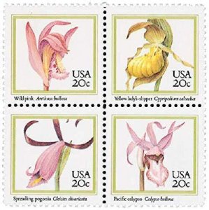 1984 Orchids Block of 4 20c Postage Stamps, Sc# 2076-2079, MNH, OG