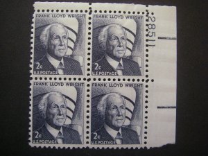 Scott 1280, 2c Frank Lloyd Wright, PB4 #28511 UR, MNH Prominent Beauty