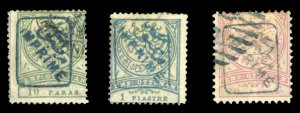 Turkey #P10a-12a Cat$750, 1891 Imprime handstamped in blue, set of three us...