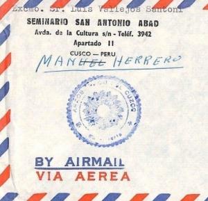Peru *SAN ANTONIO ABAD* MISSIONARY Cusco SURCHARGE Air Cover MIVA 1977 CF258