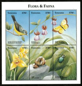 Tanzania 2000 - Birds, Flowers, butterfly - Sheet of 6 Stamps Scott #2180 - MNH