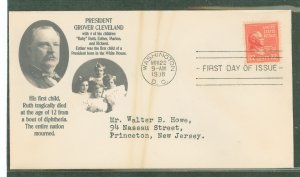 US 827 1938 22c Grover Cleveland (part of the Presidential/prexy definitive stamp series) since on an addressed first day cover