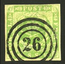 Denmark #5 Cat$67.50, 1857 8s green, 26 cancel, margins all around, signed ...