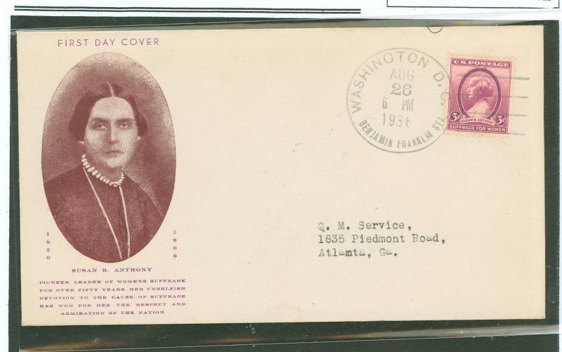 US 784 1936 3c Susan B. Anthony/women's suffrage (single) on an addressed first day cover with an Espenshade cachet.