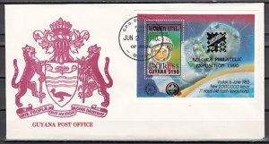 Guyana, Scott cat. E32. Space s/sheet. BELGICA EXPO o/print. First day cover. ^