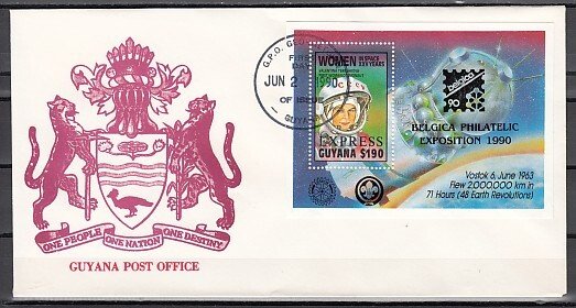 Guyana, Scott cat. E32. Space s/sheet. BELGICA EXPO o/print. First day cover.