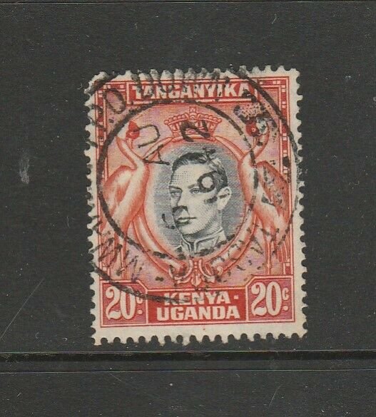 KUT GV1 1938/54 20c Used with TPO DOWN TOBORA/MWANZA cds, rounded corner