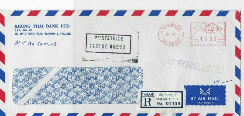 Thailand 1980 Krung Thai Bank Ltd Airmail Regd Meter Mail Stamp Cover Ref 29976