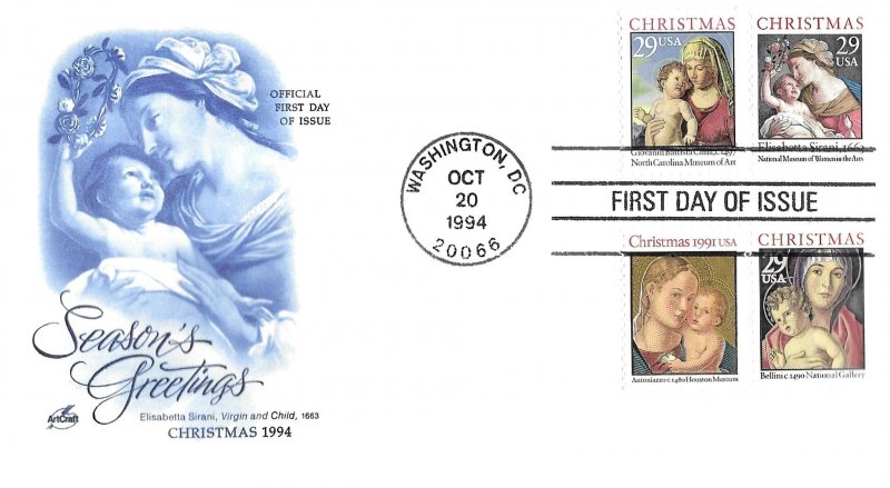 1994 FDC, #2871, 29c Christmas, Art Craft, combo