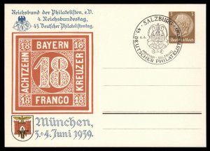 Germany 1939 Munich Salzburg Stamp Show Private Postal Card Cover Adverti G99290