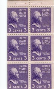 USA 1938 Sc 807a Thomas Jefferson Booklet Block of 6 Mint Never Hinged 3c