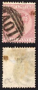 Jamaica SG7 1/2d Claret Wmk CC (Stain at right) Kingston Type E Pmk