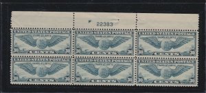 US C24 30c Air Mail Globe Mint Top Plate #F22383 Block of 6 VF OG NH SCV $120
