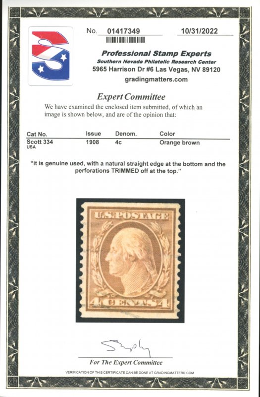 U.S. #334 USED WITH PSE CERT
