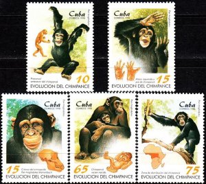 CUBA Sc# 3918-3922  CHIMPANZEE EVOLUTION monkey CPL SET of 5  1998  MNH mint