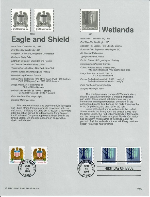 US SP1293 Wetlands, Eagle & Shield Souvenir Page #3207A, 3270-3271