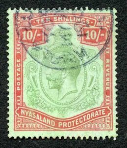 Nyasaland SG113 10/- Green and Pale red/pale emerald Kuala Lumpur CDS Cat 130