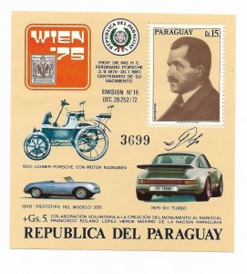 PARAGUAY 1975 ING. F. PORSCHE CENT OF BIRTH CARS WTEN 75 C430 SS BL266