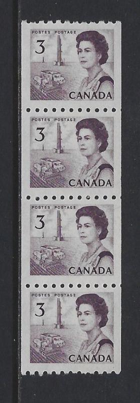 CANADA - #466 - 3c QUEEN ELIZABETH II CENTENNIAL MINT COIL STRIP OF 4 (1967)  VF