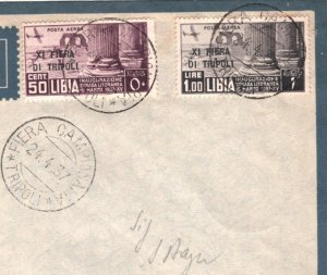 Italy Cols LIBYA Air Mail 1937 Cover FIERA DI TRIPOLI Overprints ARCH FDC MA1049