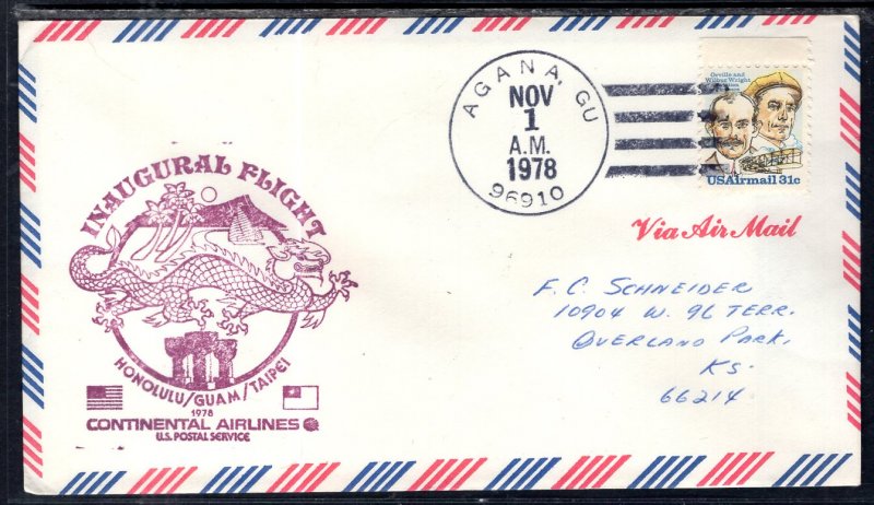 US Guam to Taipei,Taiwan Continental Airlines 1978 First Flight Cover