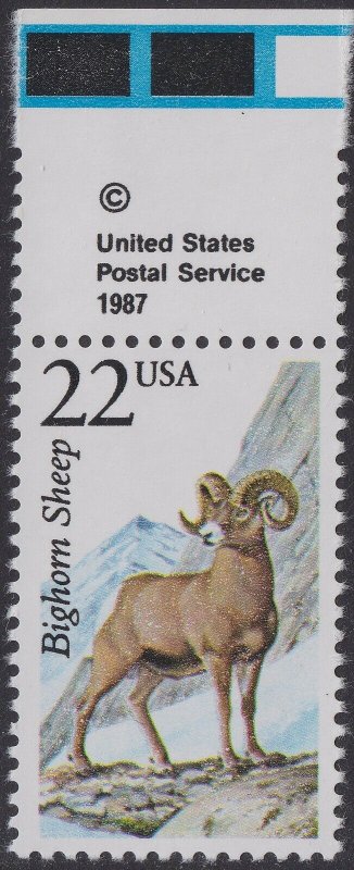 US 2288 North American Wildlife Bighorn Sheep 22c copyright single T MNH 1987