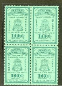 US Stamps # #3 Series Liquor Tax 10c Colorado Liquor Tax XF OG NH Block Of 4