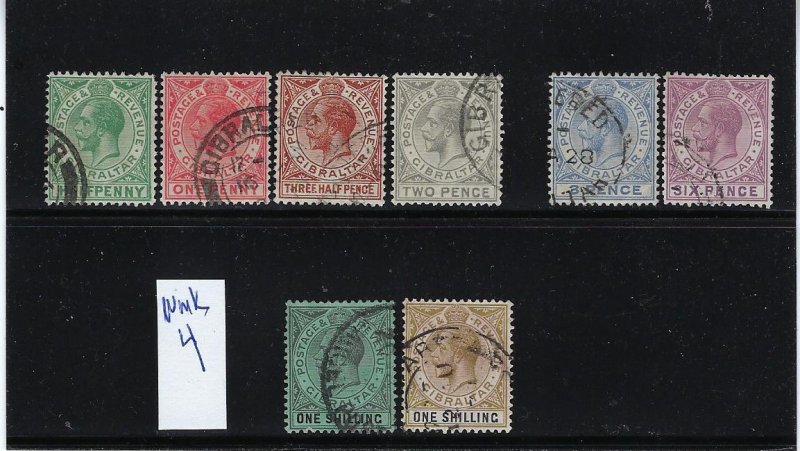 GIBRALTAR SCOTT #76-79/81-84  1921-32 GEORGE V PARTIAL  SET -WMK 4- USED