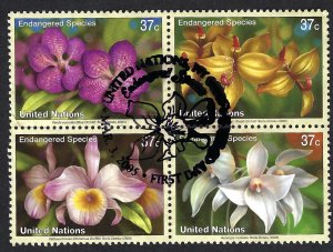 United Nations #876-879  4 x 37¢ Endangered Species (Orchids). Block. Used.